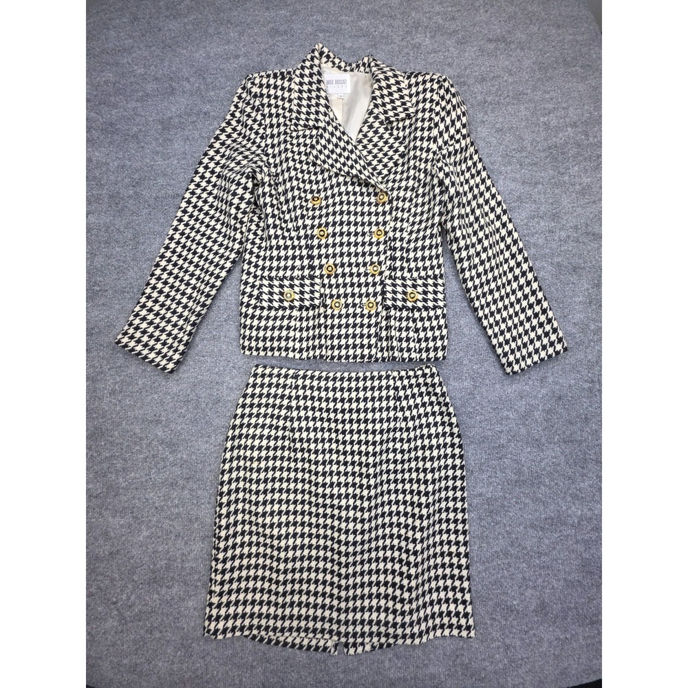 Hugo Buscati Milano Wool Suit Skirt Set Women's 8 Herringbone Buttons USA